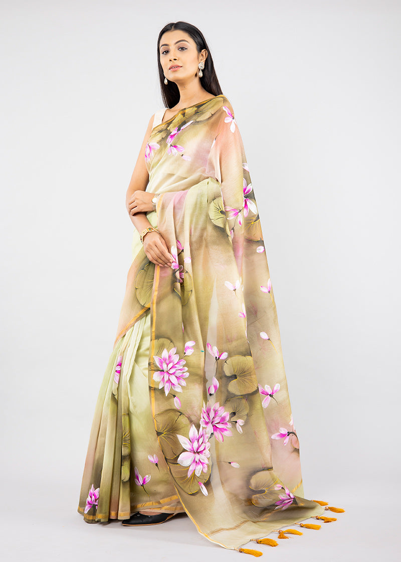 Hand-Painted Olive Green Chanderi Silk Lotus Saree