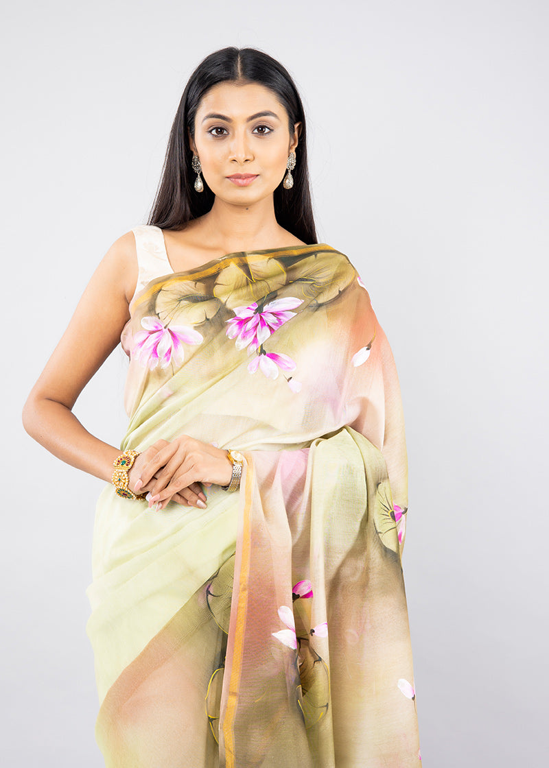 Hand-Painted Olive Green Chanderi Silk Lotus Saree