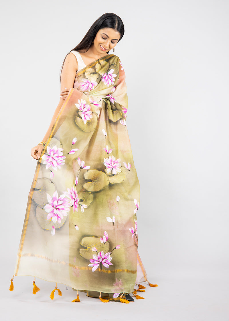 Hand-Painted Olive Green Chanderi Silk Lotus Saree