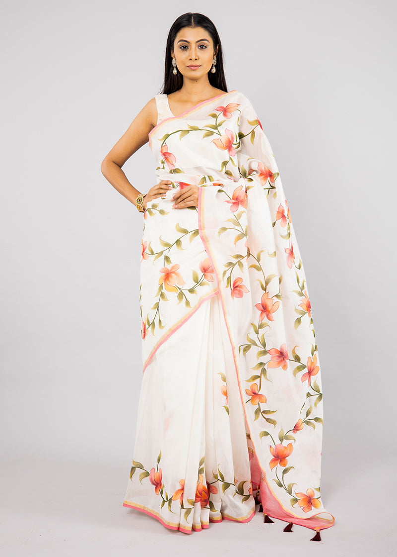 Hand-Painted White Chanderi Silk Saree