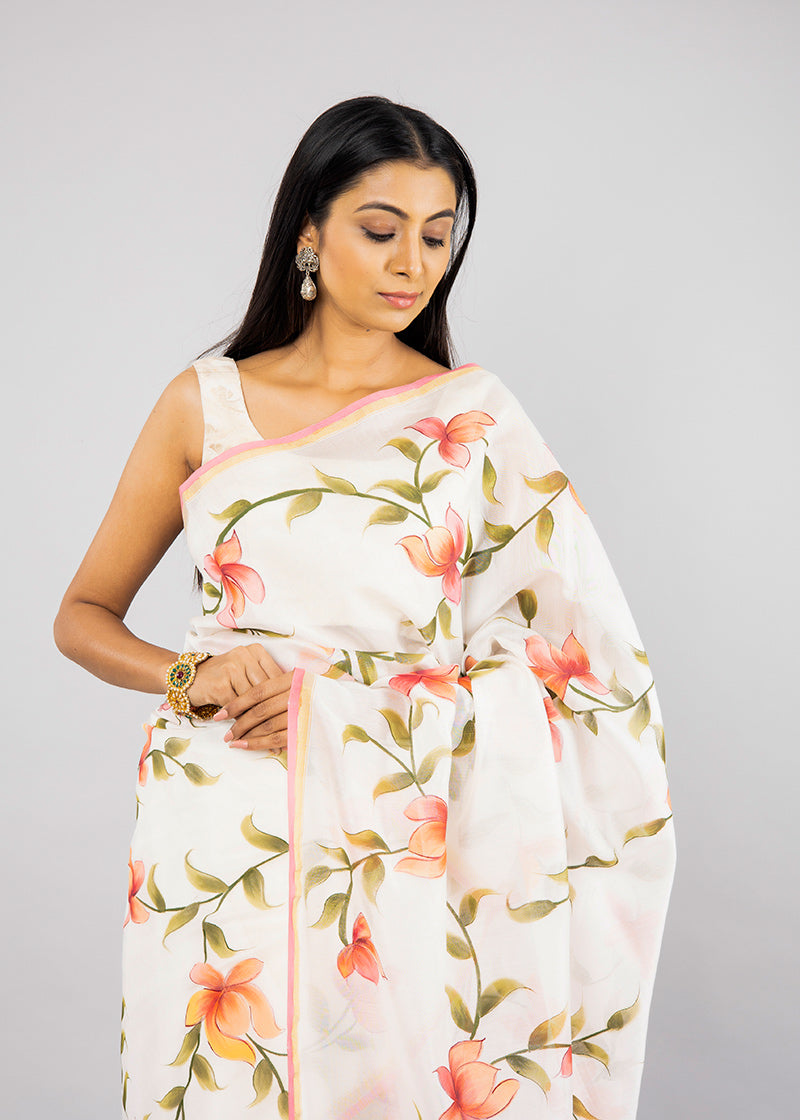 Hand-Painted White Chanderi Silk Saree