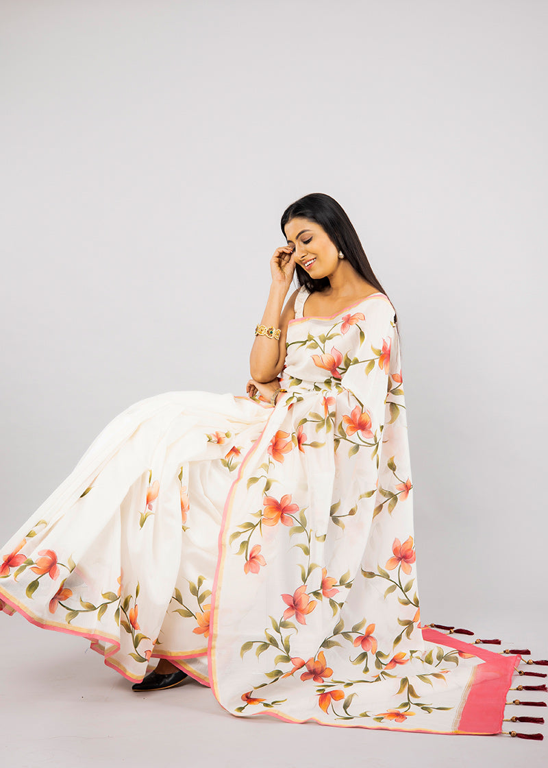 Hand-Painted White Chanderi Silk Saree