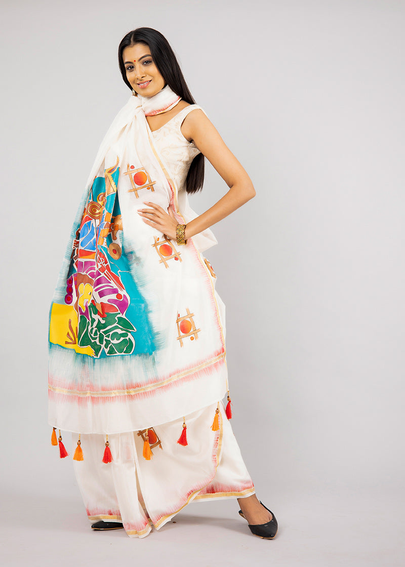 Hand-Painted White Chanderi Silk Devi Saree