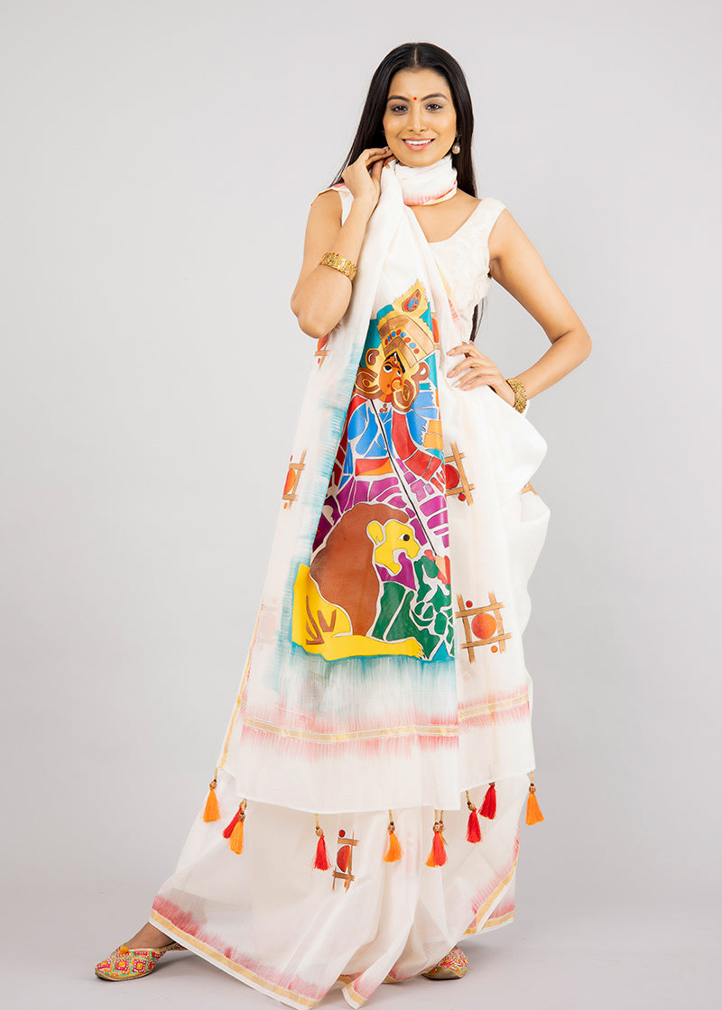 Hand-Painted White Chanderi Silk Devi Saree