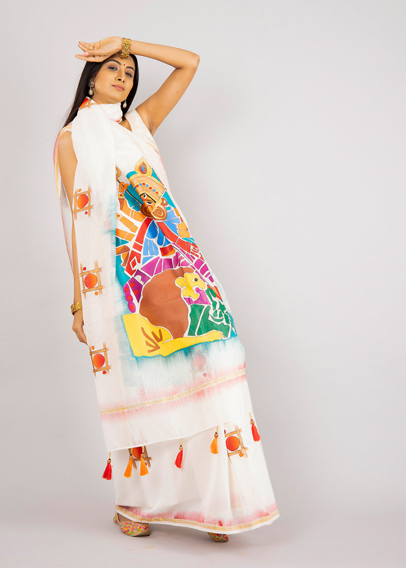 Hand-Painted White Chanderi Silk Devi Saree