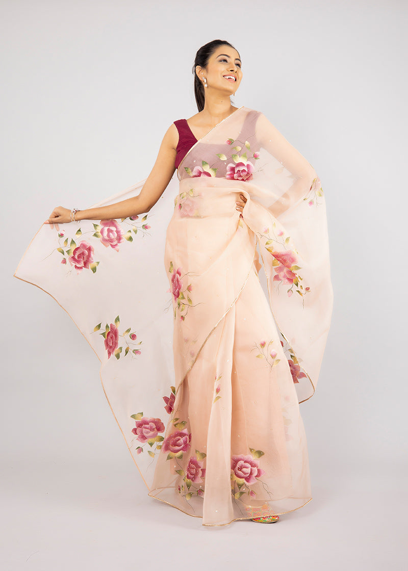 Hand-Painted Rose Gold Silk Organza Saree