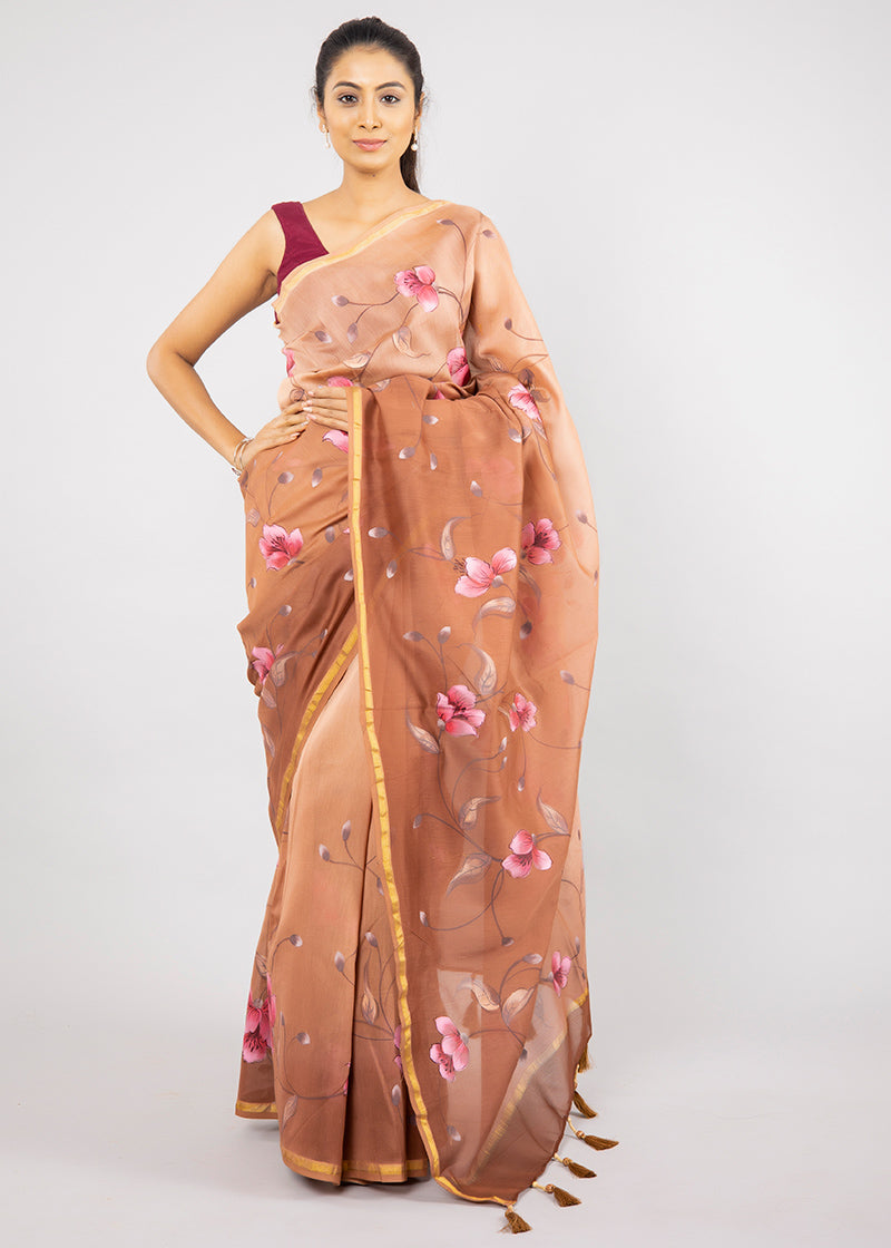 Hand-Painted Ombre Brown Chanderi Silk Saree