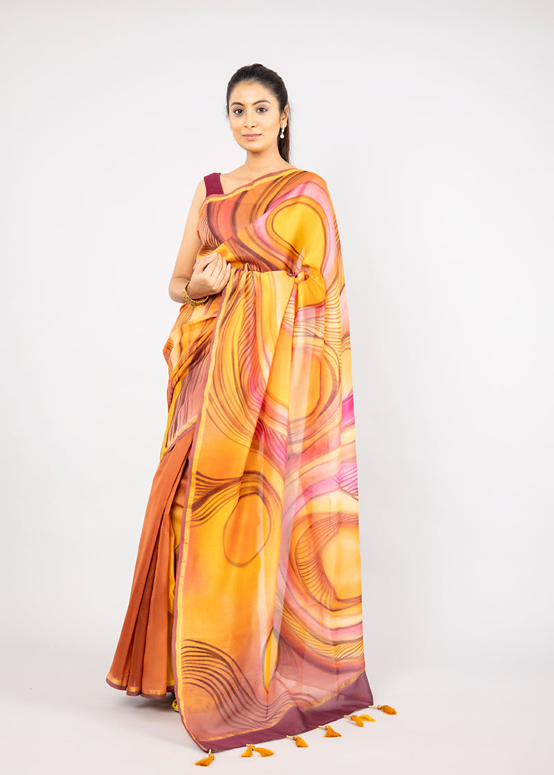 Hand-Painted Multi-Coloured Abstract Chanderi Silk Saree