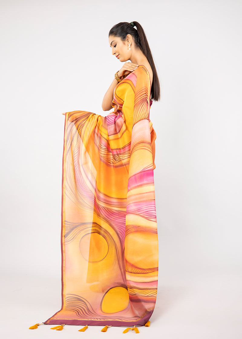 Hand-Painted Multi-Coloured Abstract Chanderi Silk Saree
