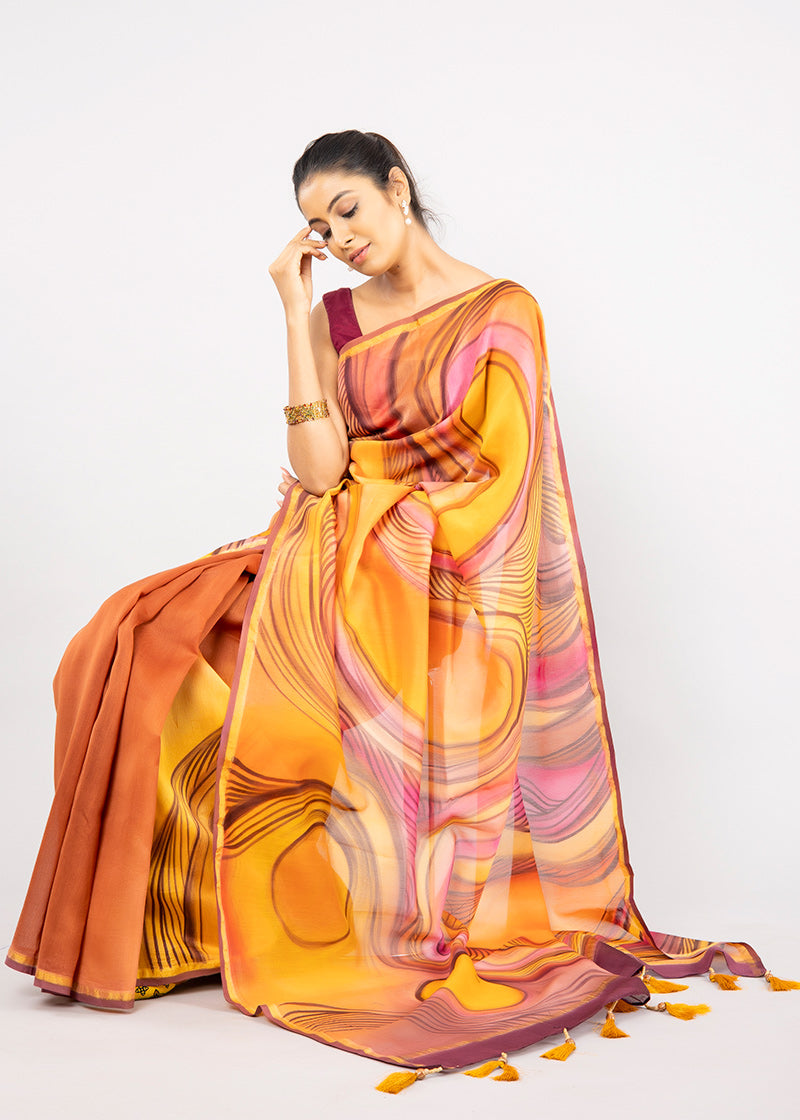 Hand-Painted Multi-Coloured Abstract Chanderi Silk Saree