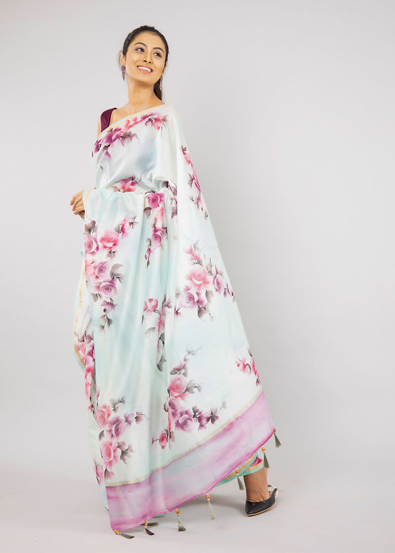 Hand-Painted Sea Green Rose Chanderi Silk Saree