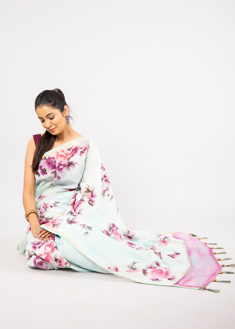 Hand-Painted Sea Green Rose Chanderi Silk Saree