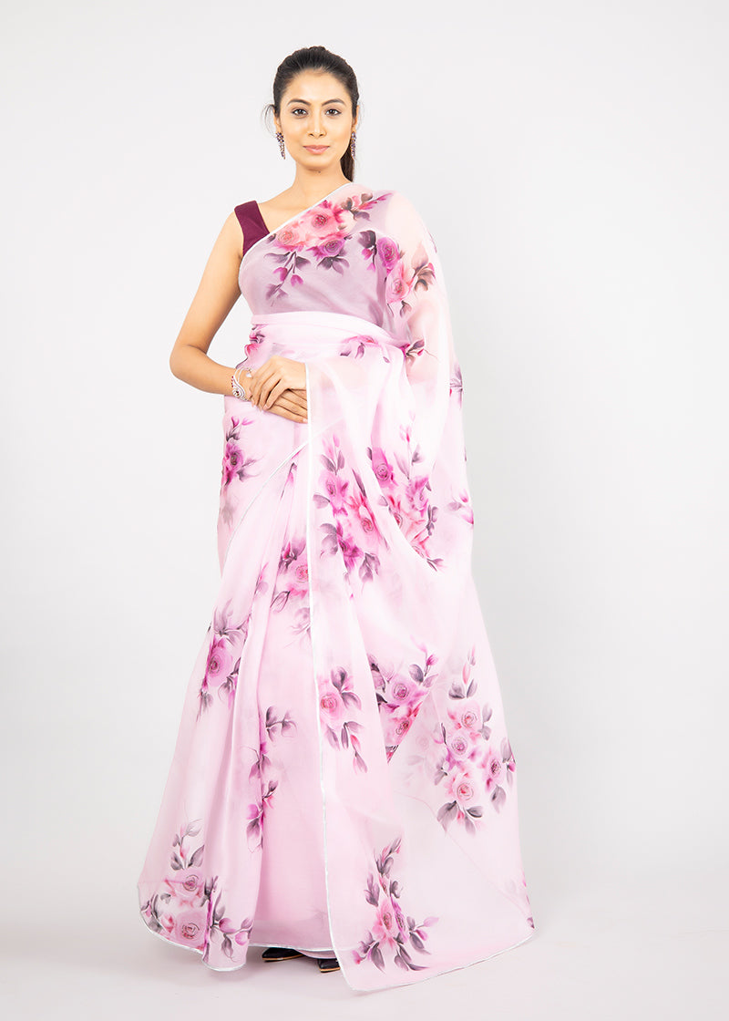 Hand-Painted Mauve Silk Organza Saree