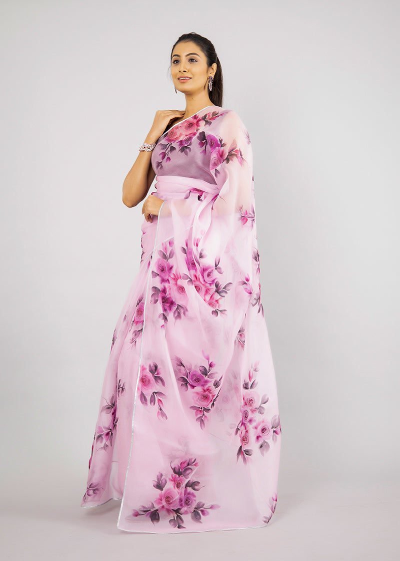Hand-Painted Mauve Silk Organza Saree