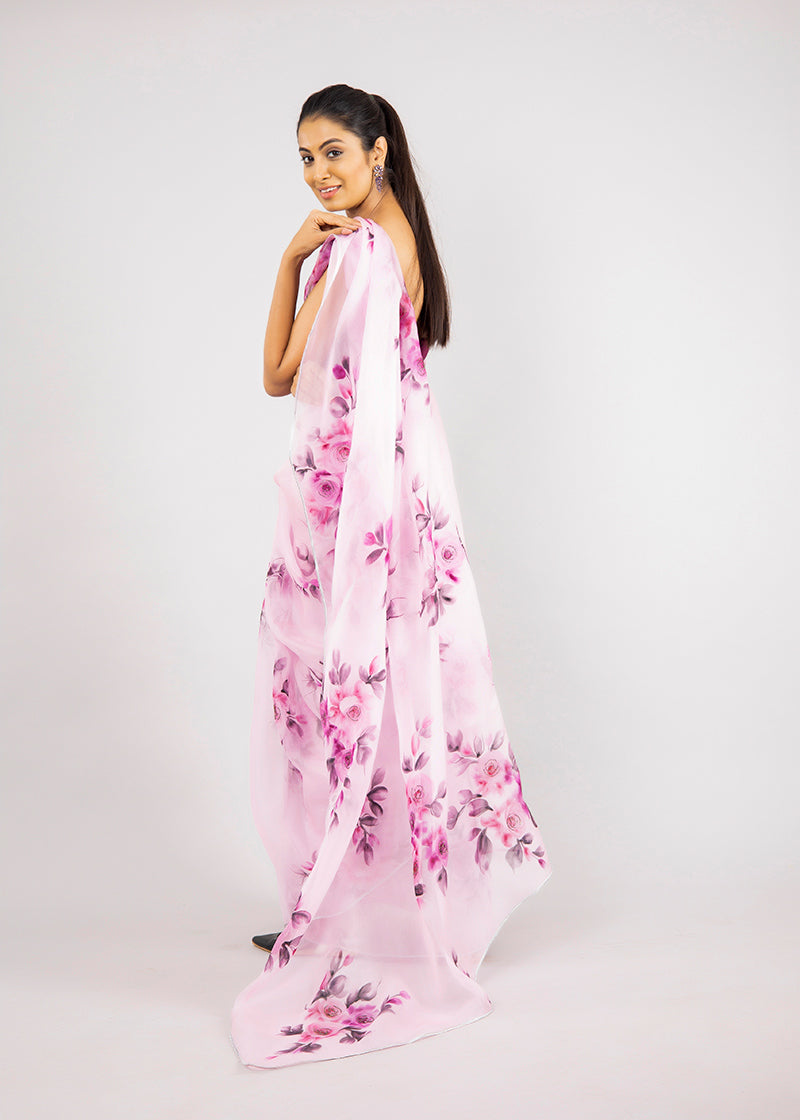 Hand-Painted Mauve Silk Organza Saree