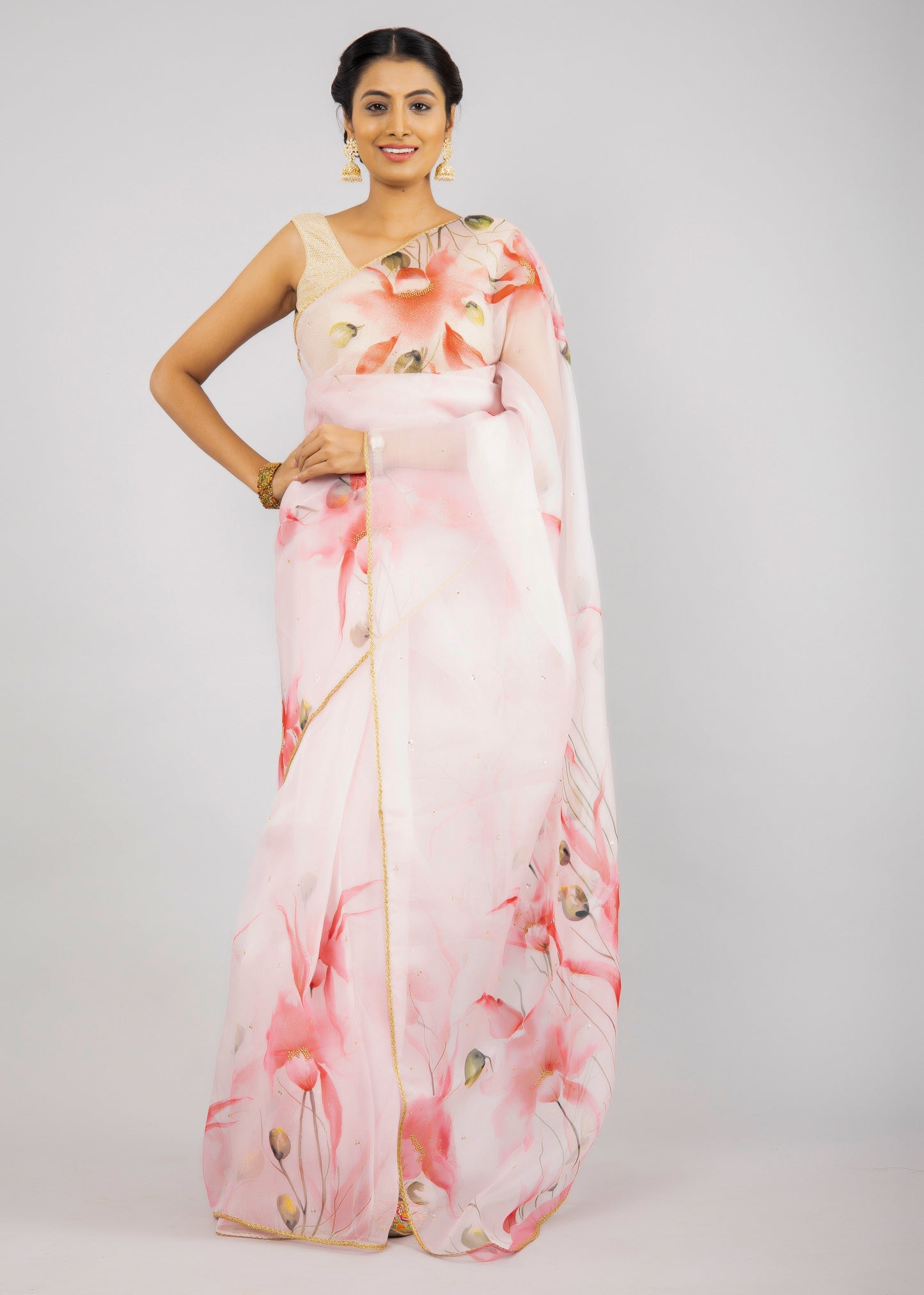 Hand-Painted Ivory Floral Silk Organza Saree
