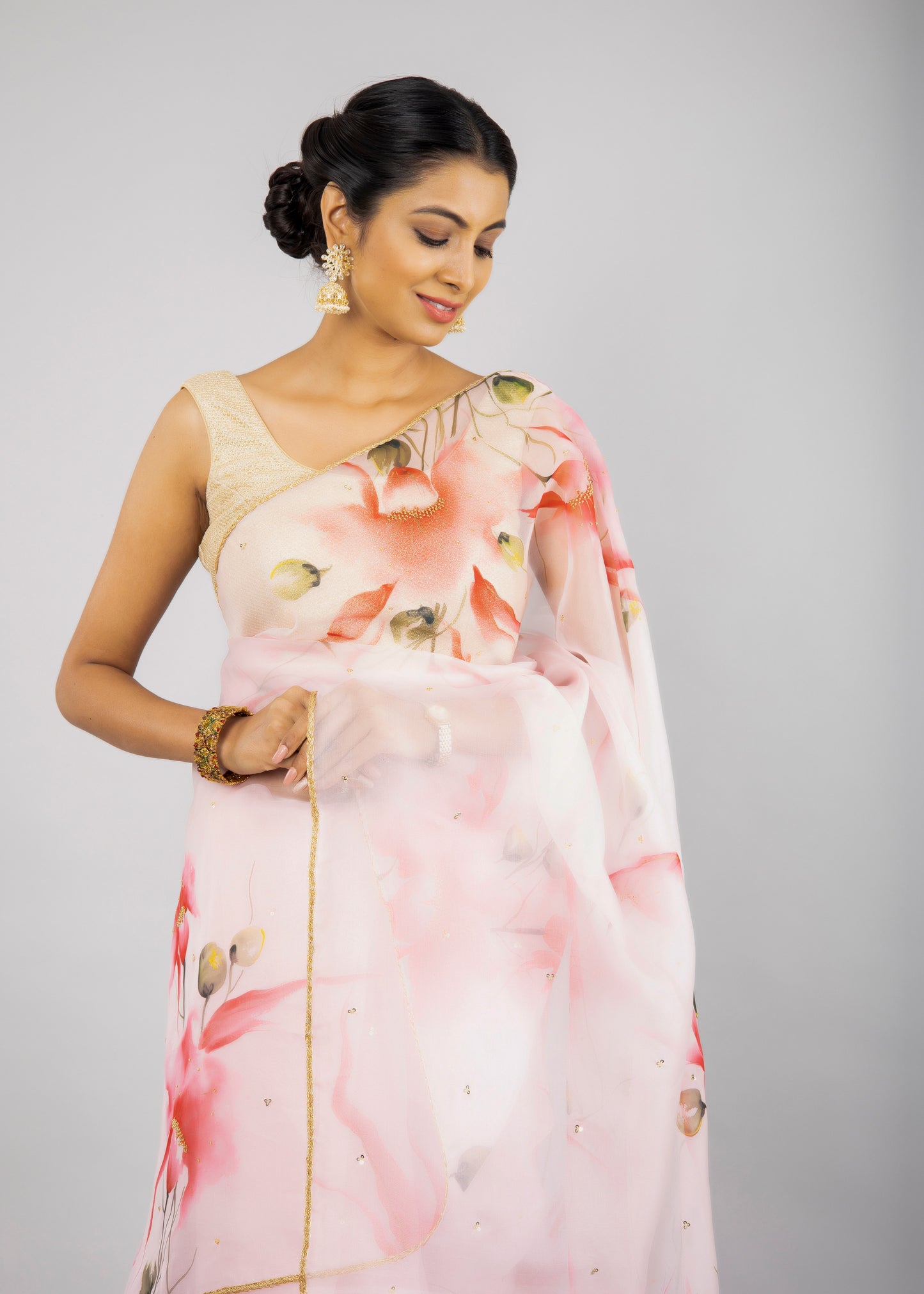 Hand-Painted Ivory Floral Silk Organza Saree