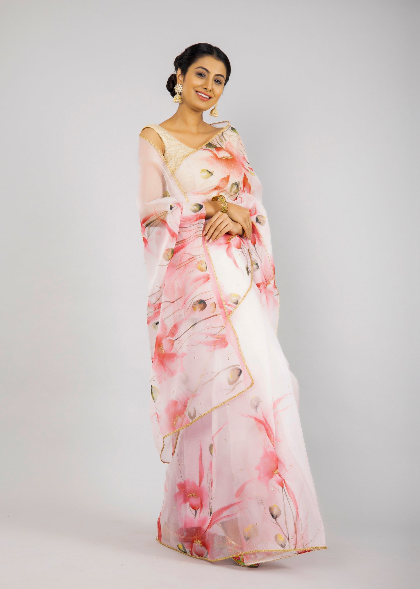 Hand-Painted Ivory Floral Silk Organza Saree