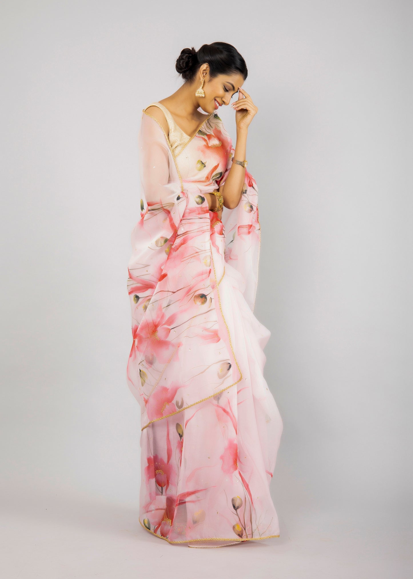 Hand-Painted Ivory Floral Silk Organza Saree