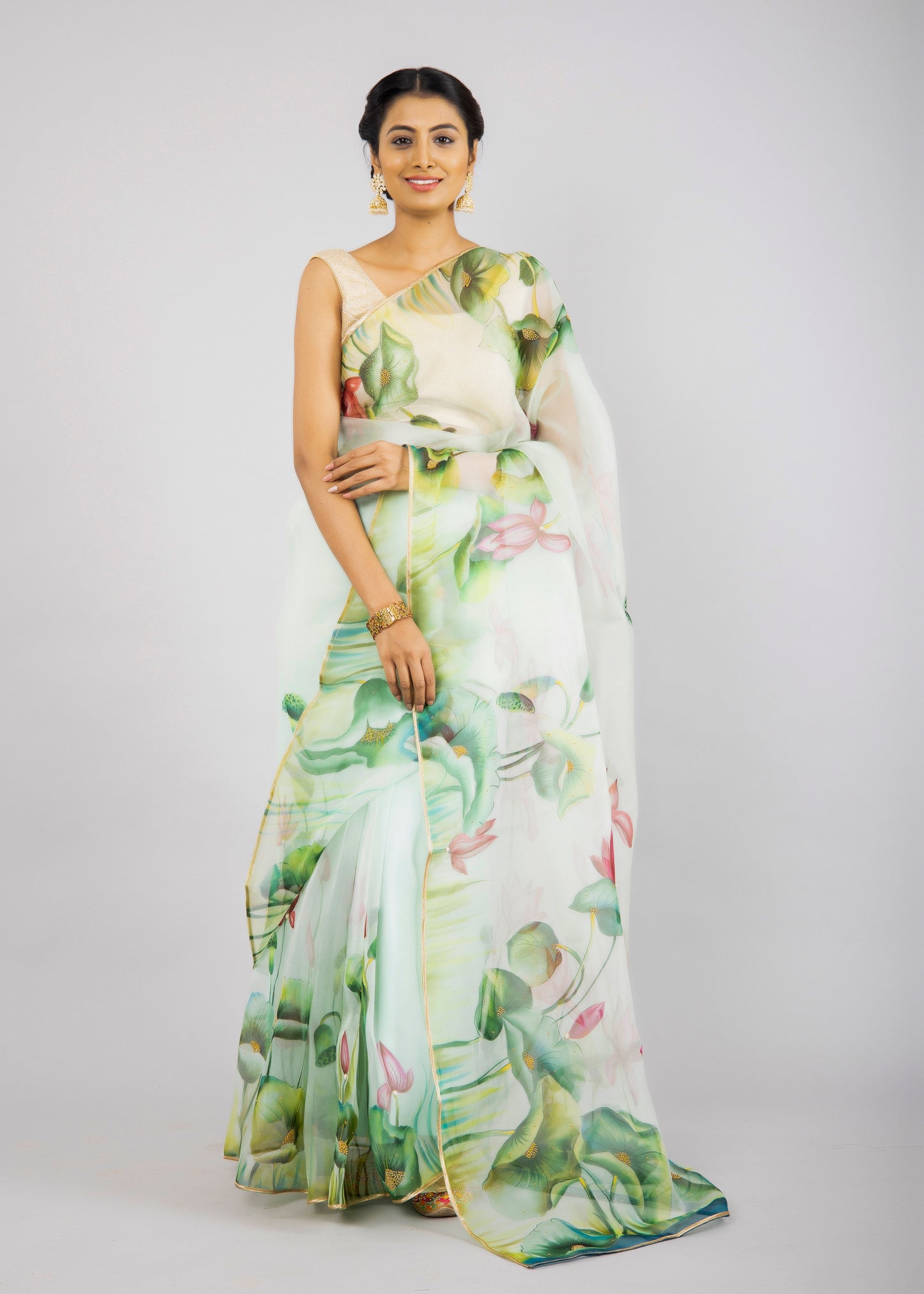Hand-Painted Pastel Green Lotus and Leaves Silk Organza Saree
