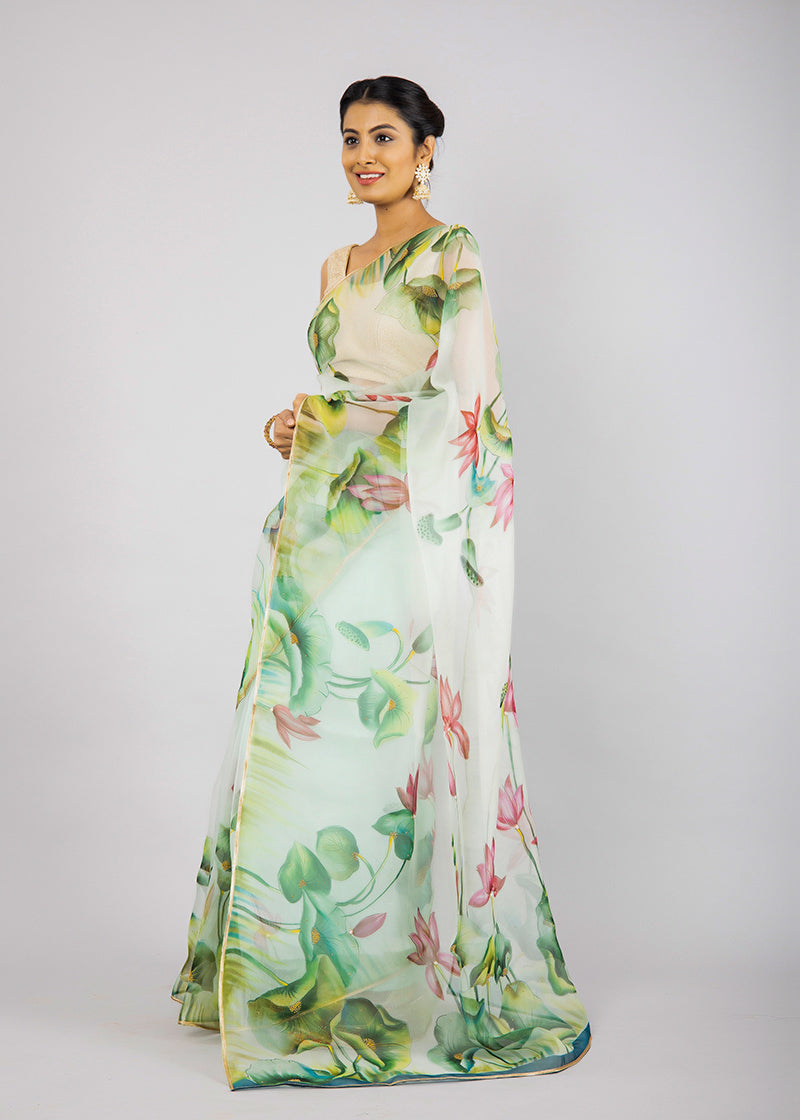 Hand-Painted Pastel Green Lotus and Leaves Silk Organza Saree