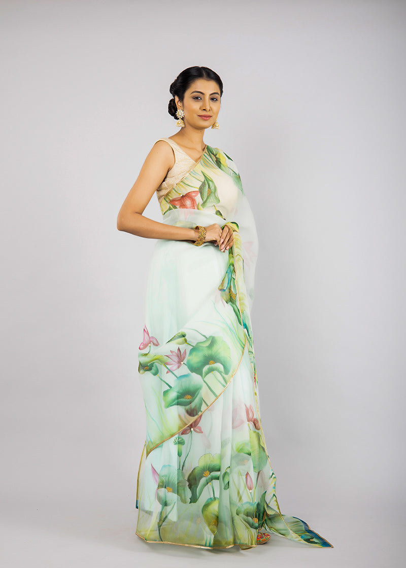 Hand-Painted Pastel Green Lotus and Leaves Silk Organza Saree