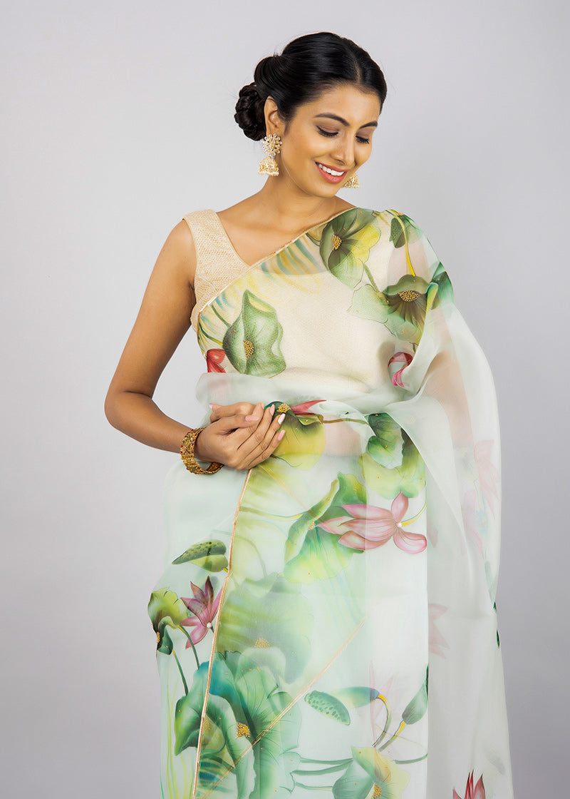 Hand-Painted Pastel Green Lotus and Leaves Silk Organza Saree