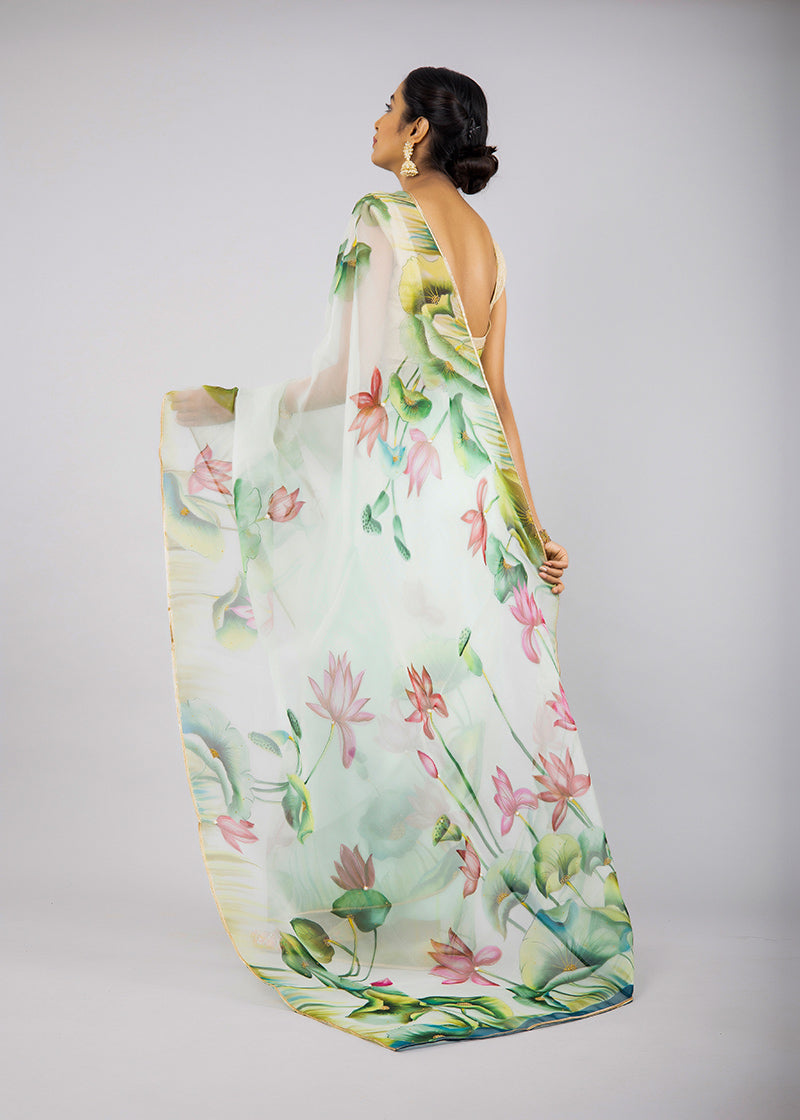 Hand-Painted Pastel Green Lotus and Leaves Silk Organza Saree