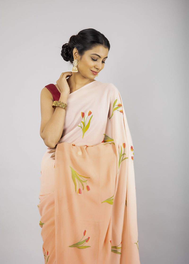 Hand-Painted Ombre Peach Pure Georgette Saree