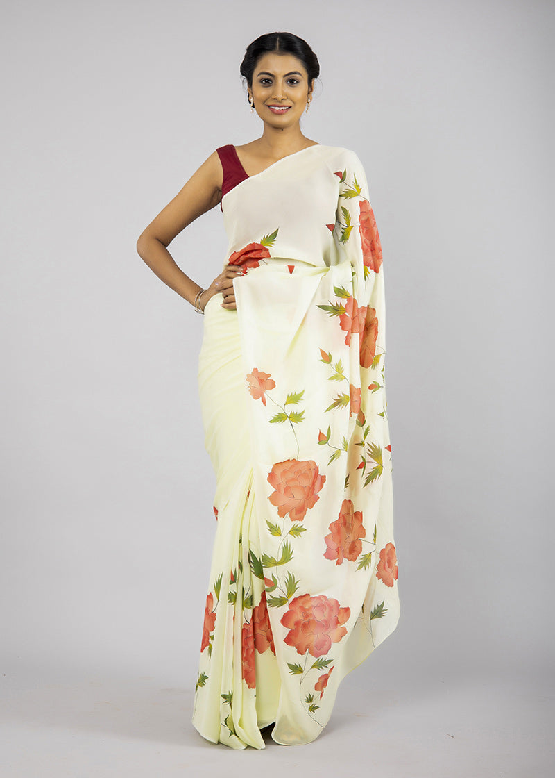 Hand-Painted Lime Green Georgette Saree