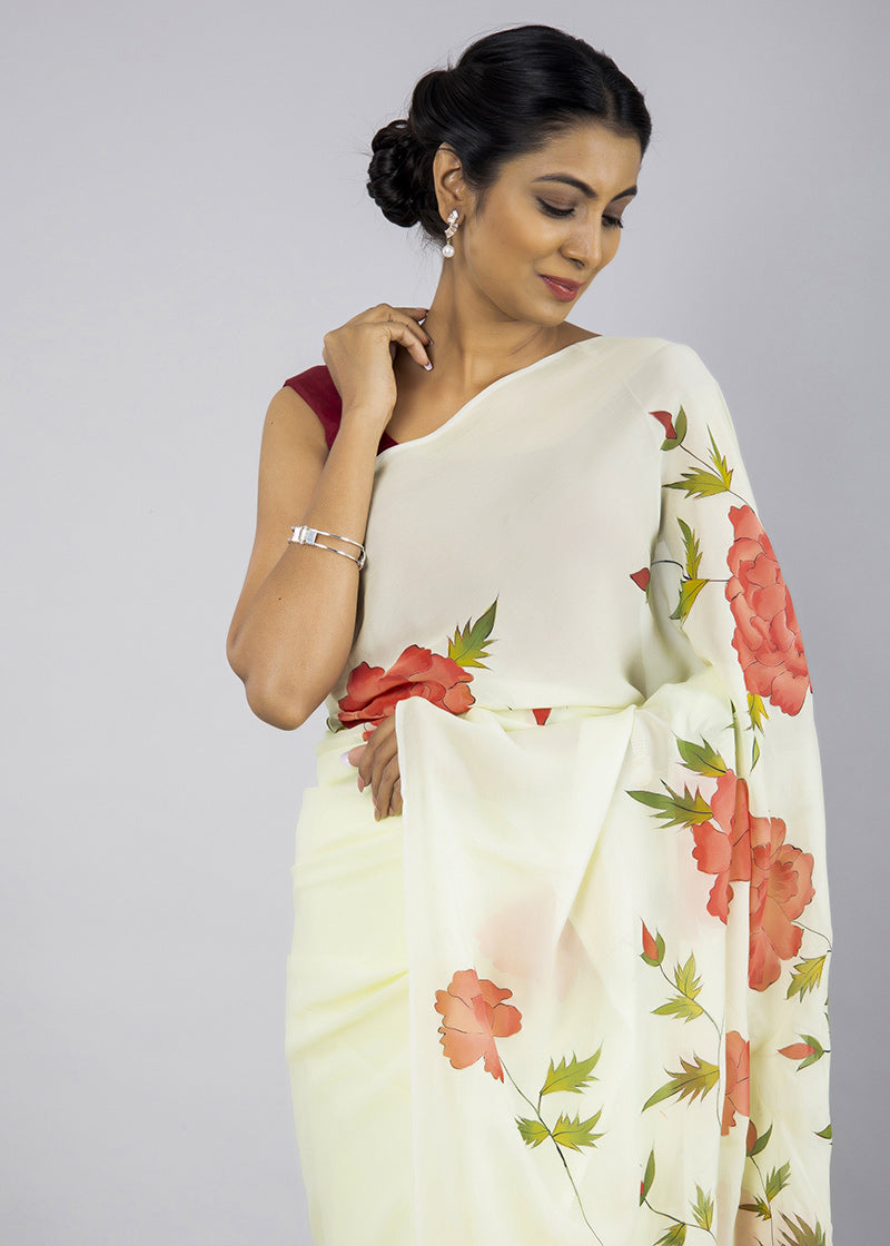 Hand-Painted Lime Green Georgette Saree