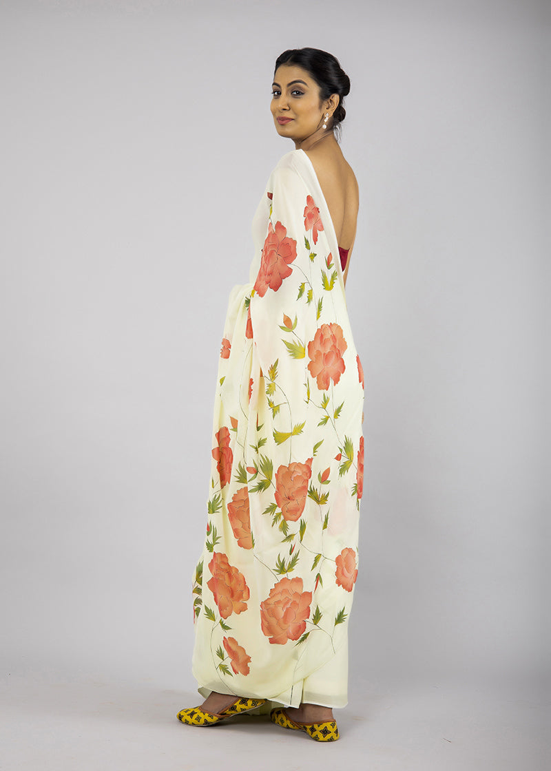 Hand-Painted Lime Green Georgette Saree