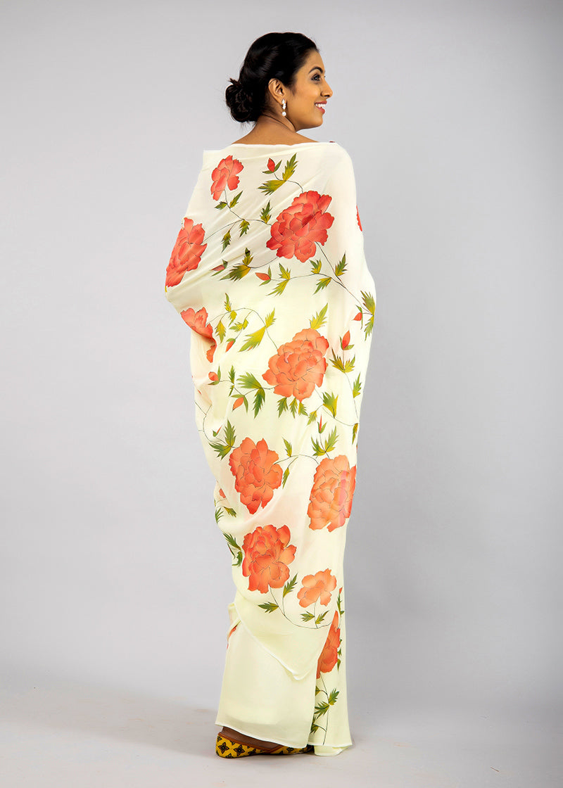 Hand-Painted Lime Green Georgette Saree