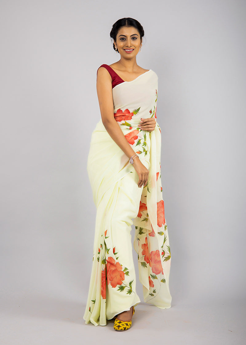 Hand-Painted Lime Green Georgette Saree
