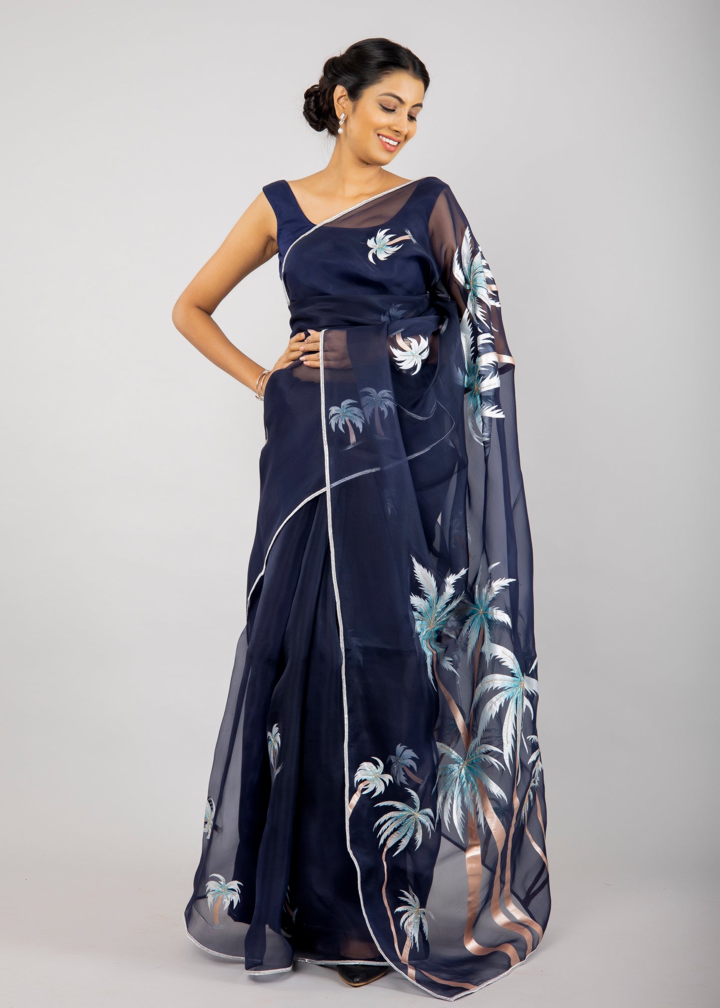 Hand-Painted Midnight Blue Palm Silk Organza Saree
