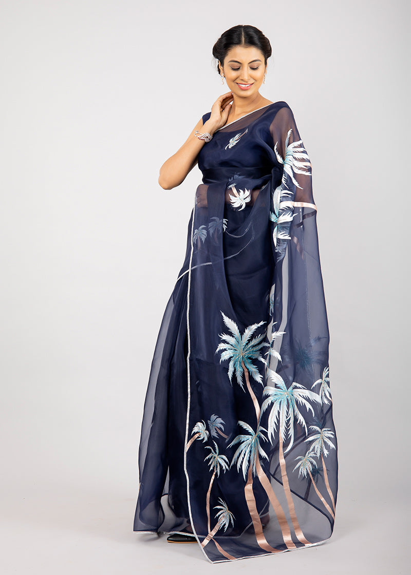 Hand-Painted Midnight Blue Palm Silk Organza Saree