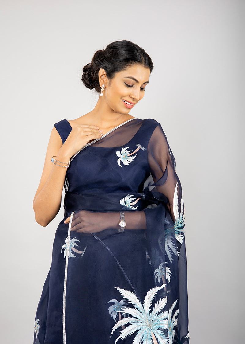 Hand-Painted Midnight Blue Palm Silk Organza Saree
