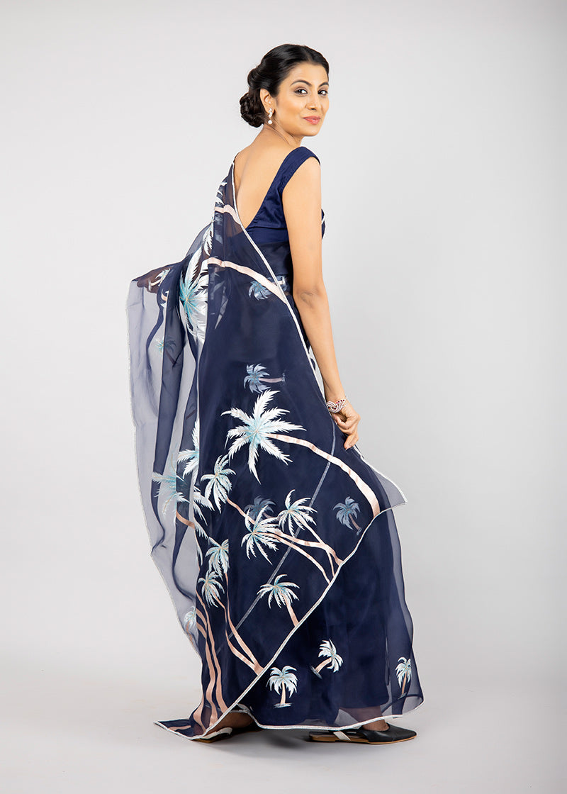 Hand-Painted Midnight Blue Palm Silk Organza Saree