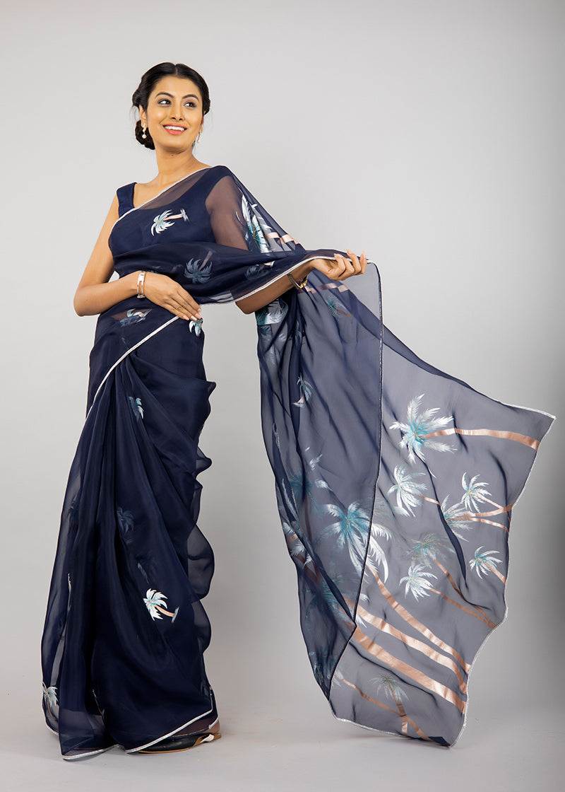 Hand-Painted Midnight Blue Palm Silk Organza Saree