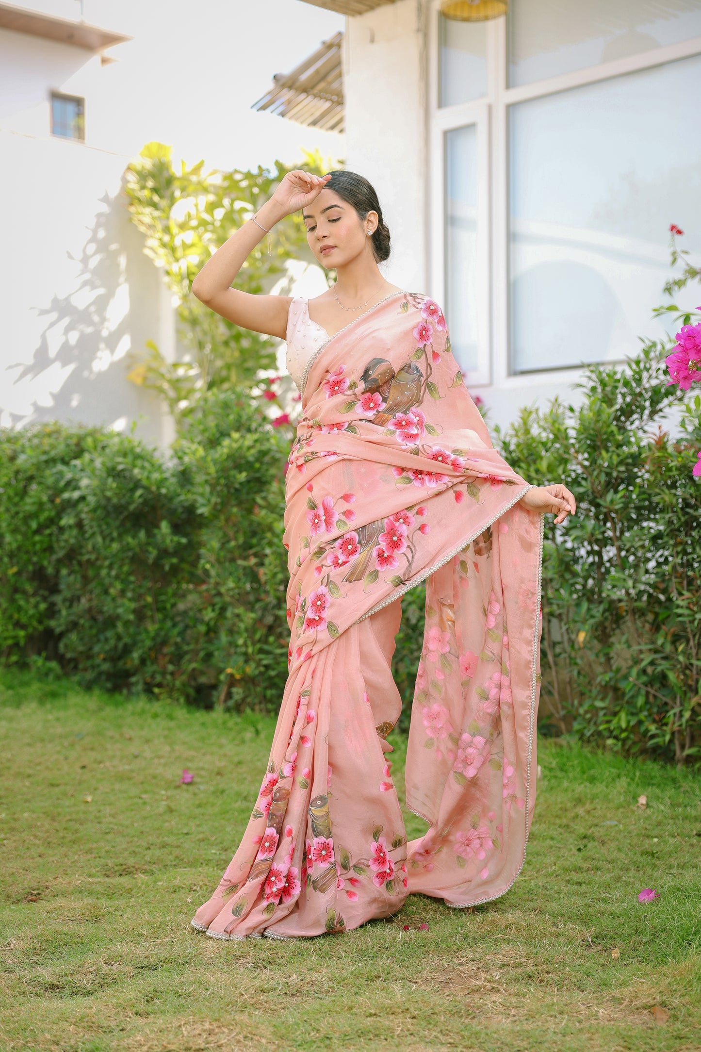 Hand-painted Floral Peach Crepe Saree