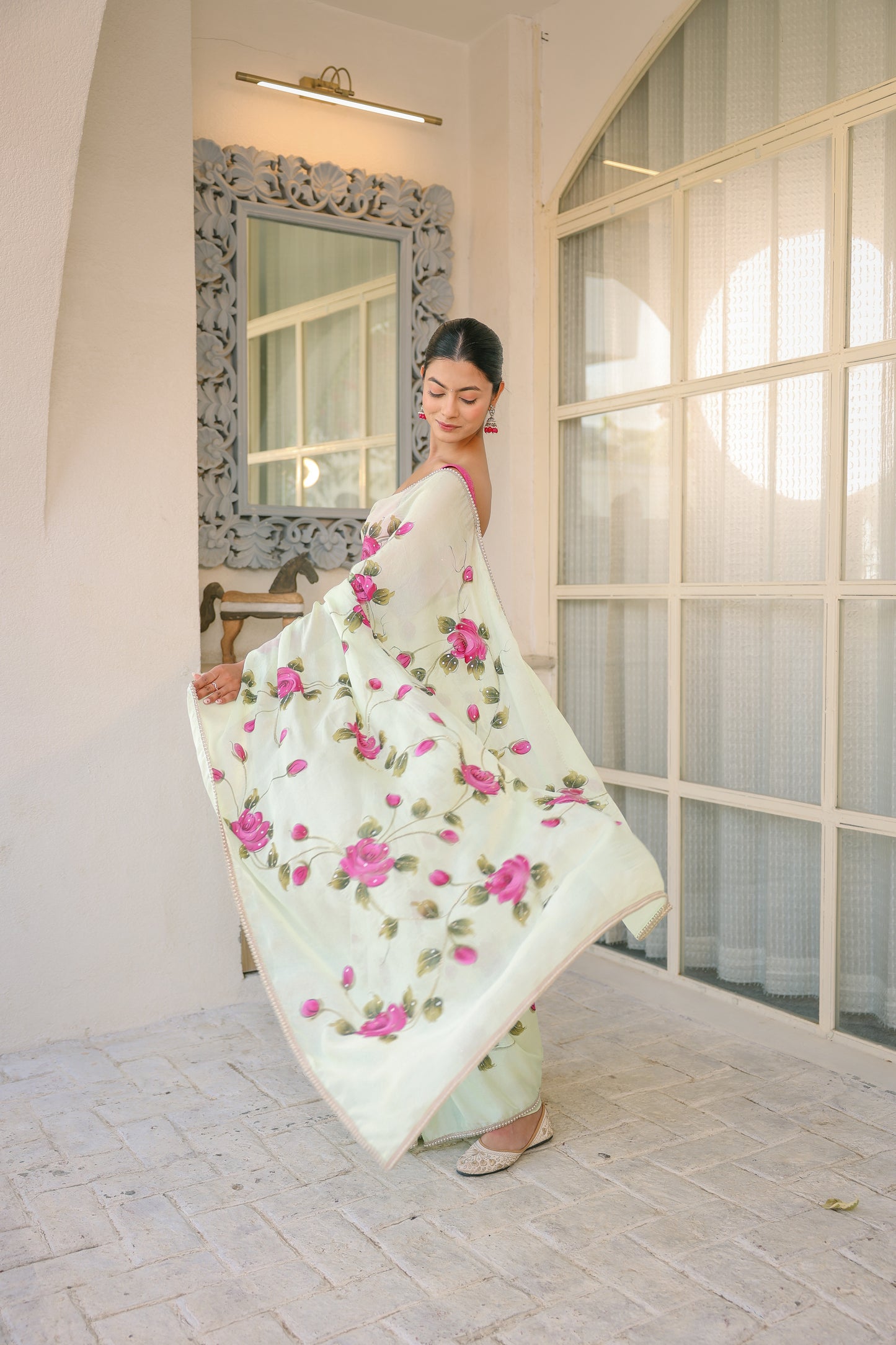 Hand-painted Light Green Floral Crepe Saree