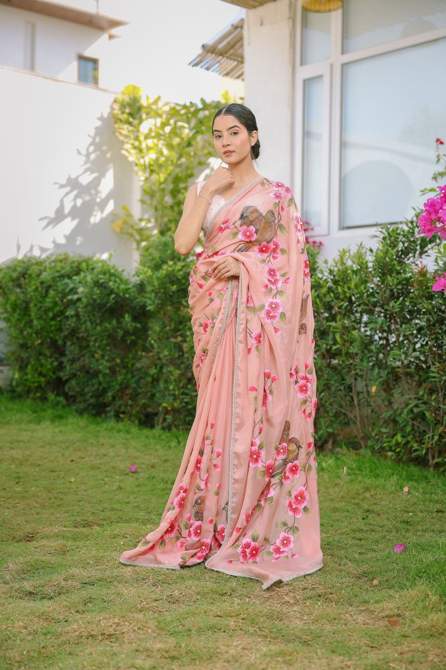 Hand-painted Floral Peach Crepe Saree