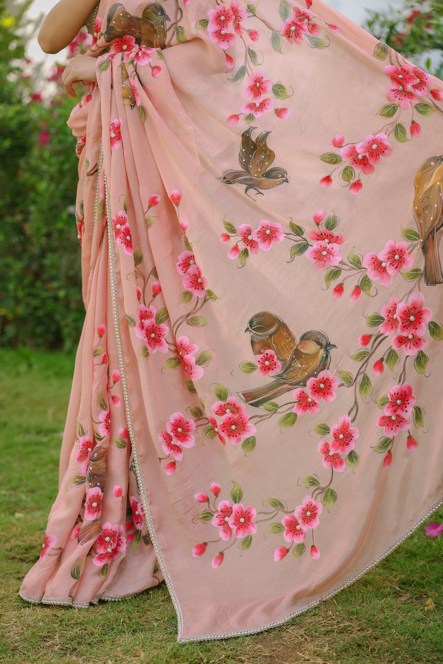 Hand-painted Floral Peach Crepe Saree