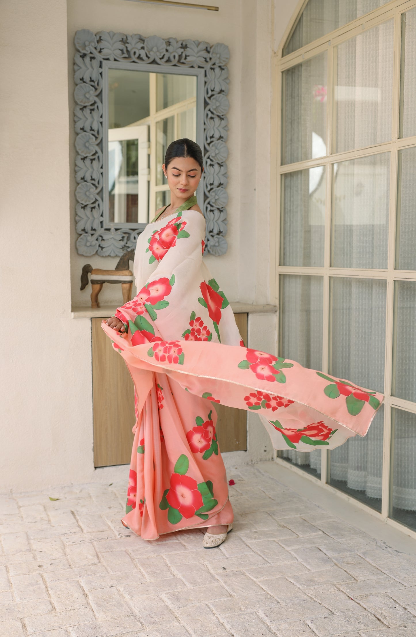 Hand-Painted Peach Ombre Floral Chinon Chiffon Saree