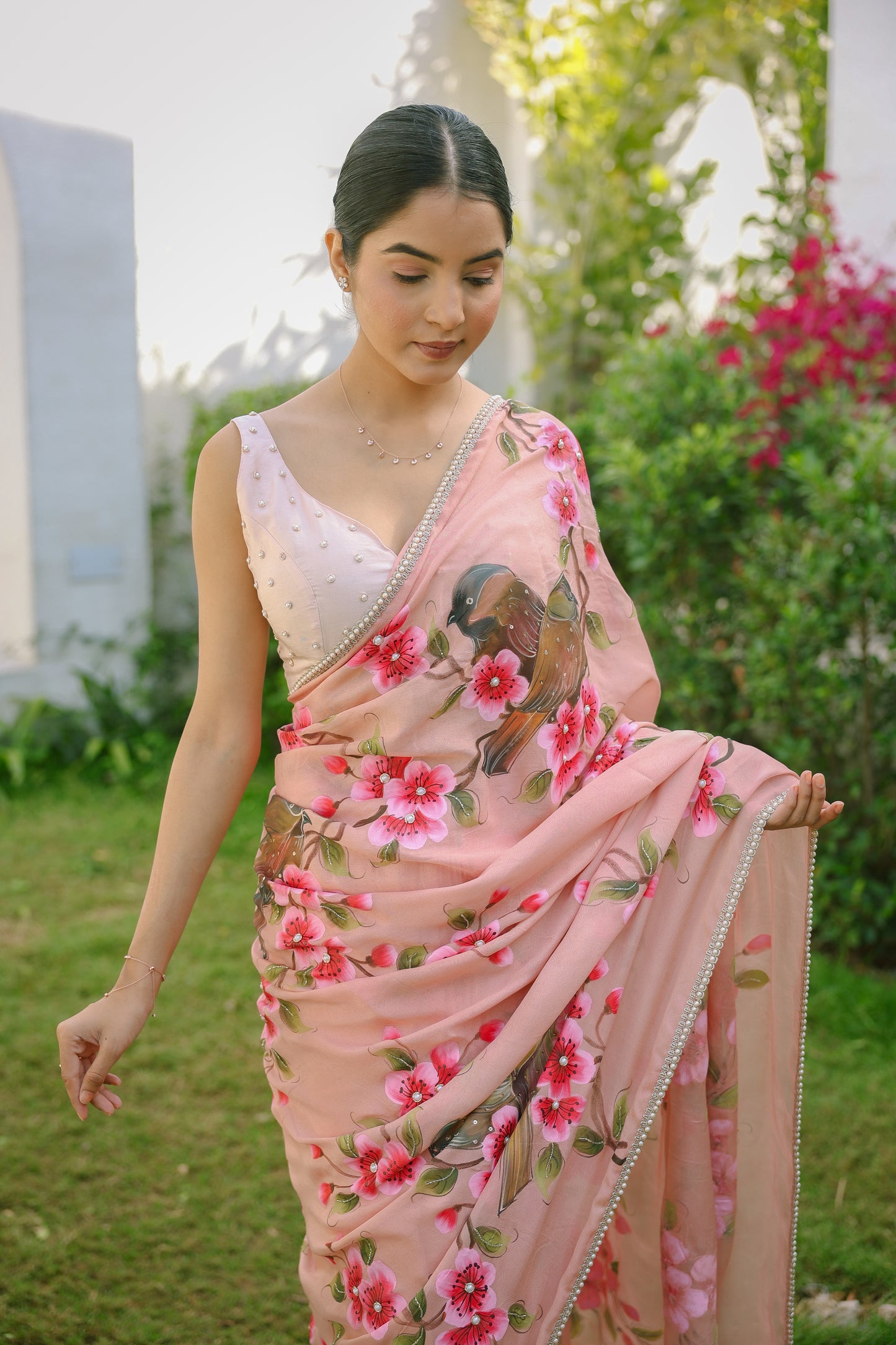 Hand-painted Floral Peach Crepe Saree
