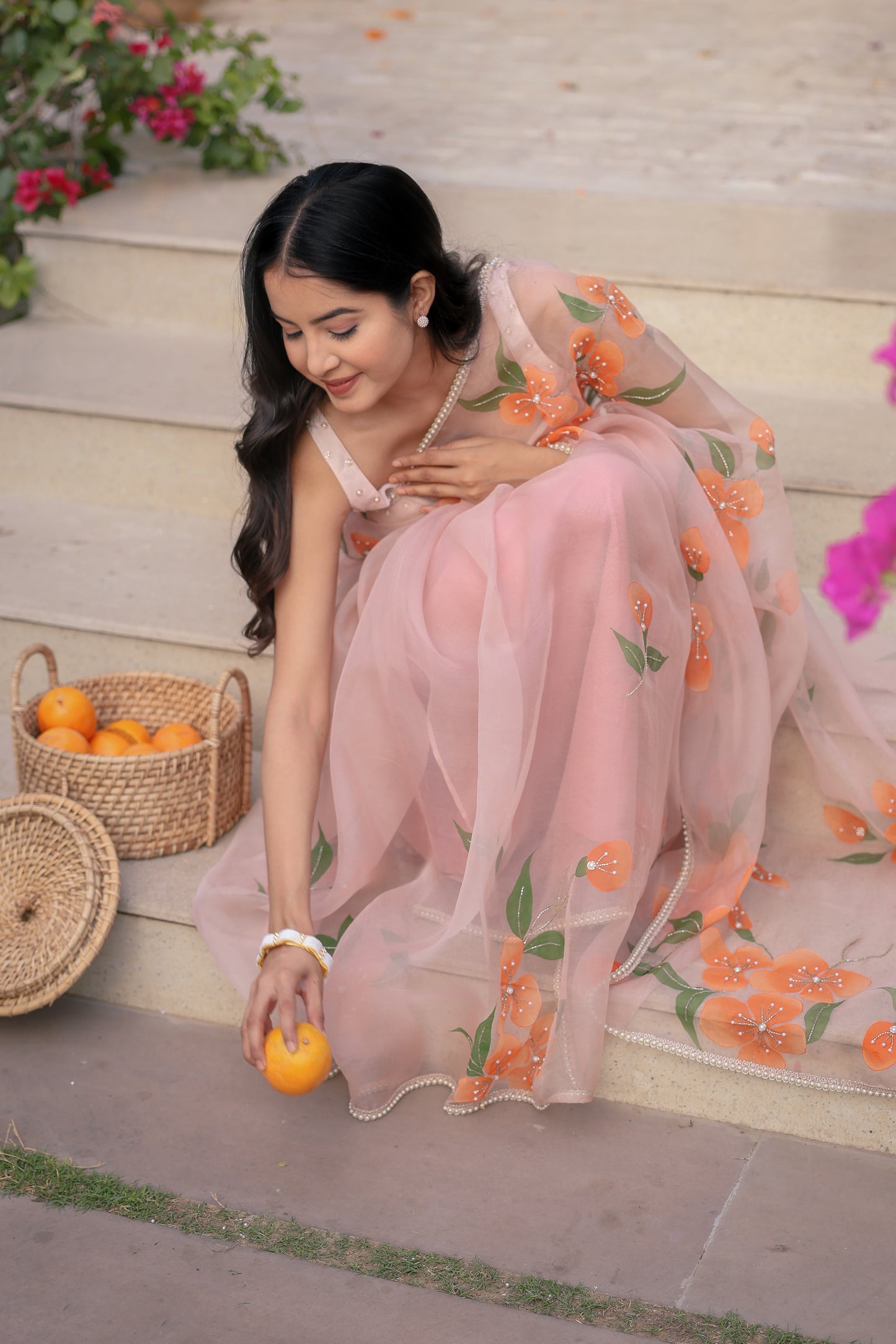 Hand-Painted Pastel Peach Floral Silk Organza Saree