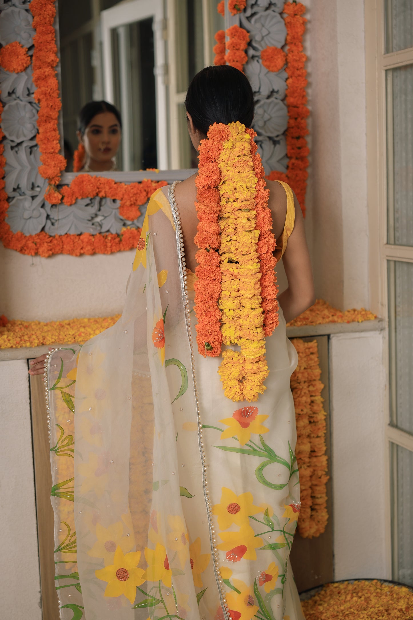 Hand-Painted Ivory Daffodil Silk Organza Saree
