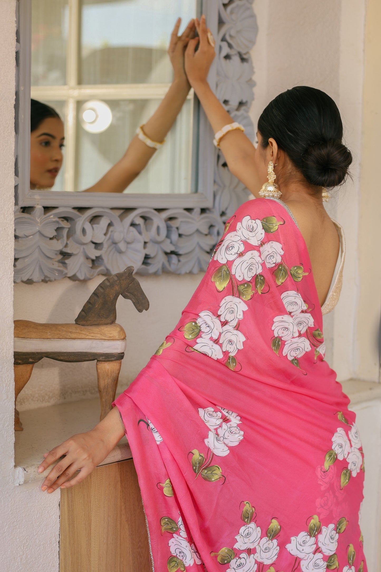 Hand-painted Light Cherry Floral Crepe Saree