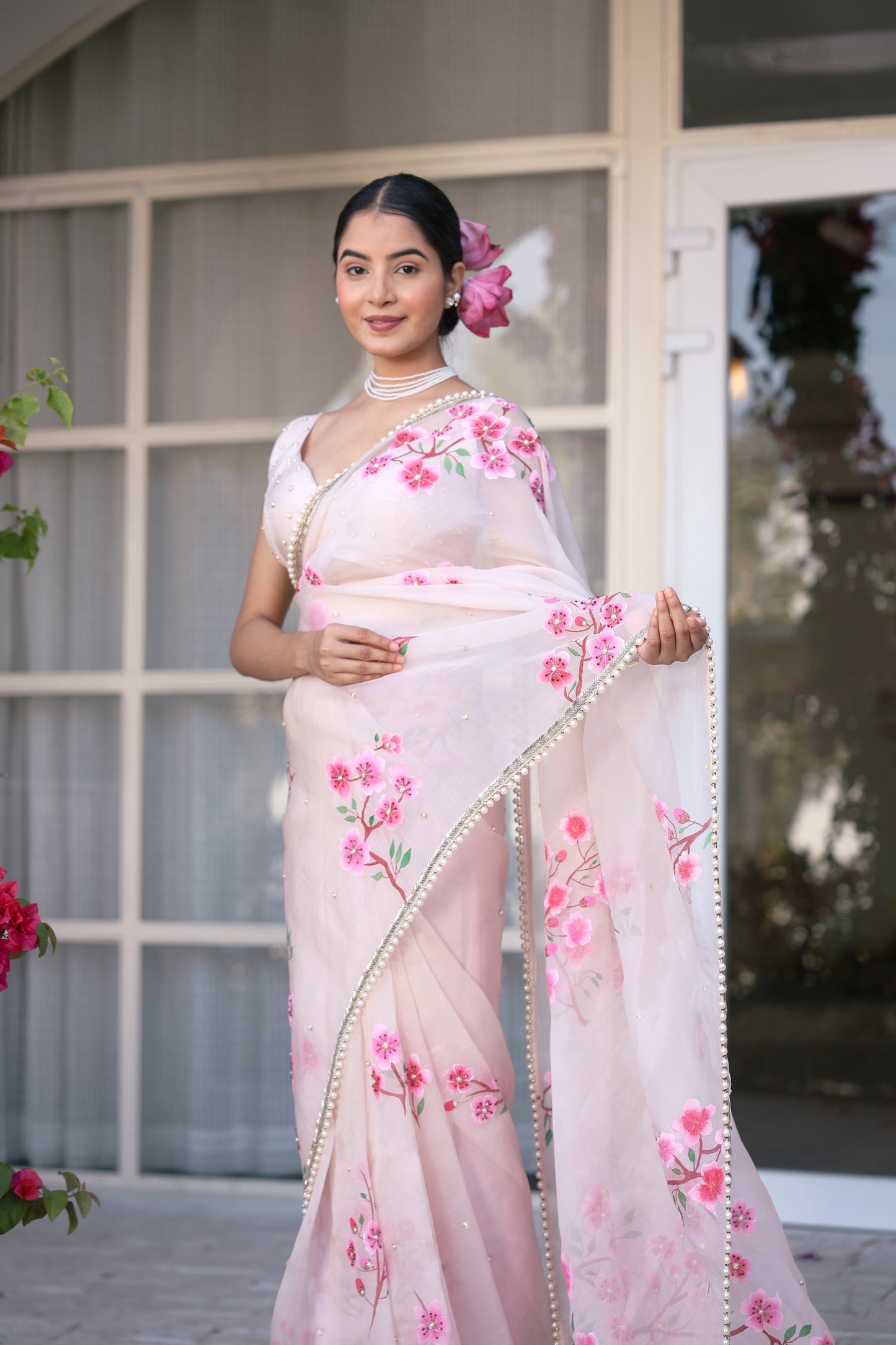 Hand-Painted Powder Pink Noor Silk Organza Saree