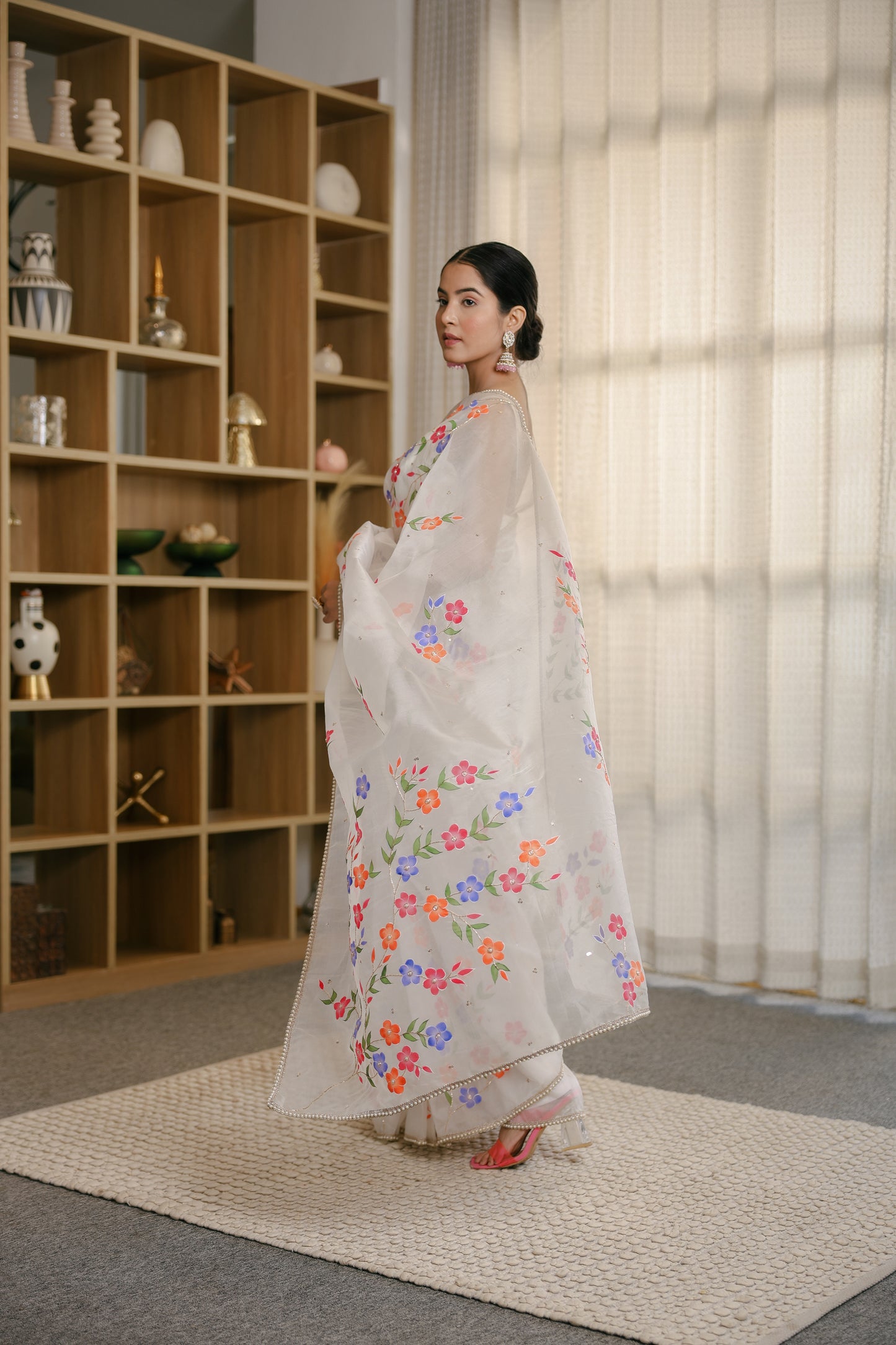 Hand-painted White Floral Pure Silk Organza Saree